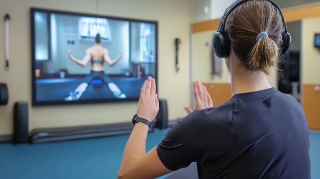 woman following virtual exercise class on large screen tv