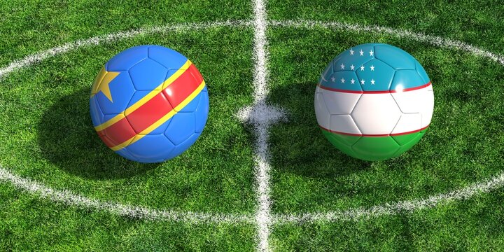 Soccer balls with congo and uzbekistan flags on green football pitch background 3d
