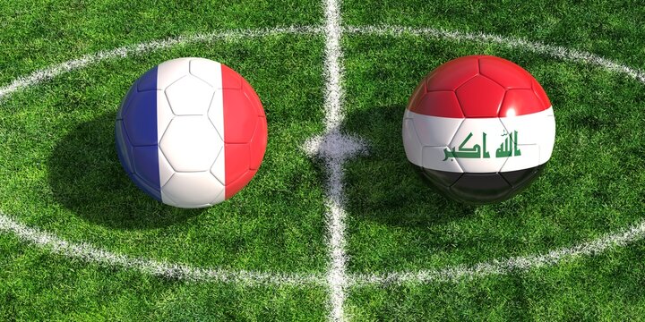 Soccer balls with france and iraq flags on a green football pitch background 3d