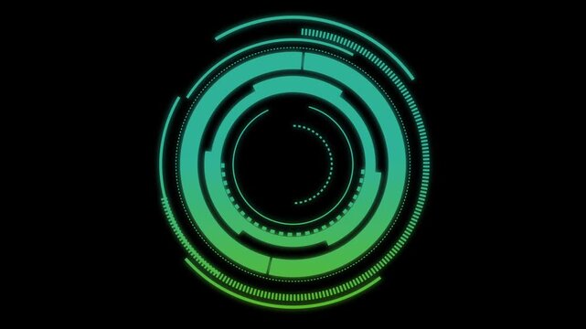 Circular hud animation with green interface. Circular hud futuristic technology display. Circular hud digital interface graphic on black.