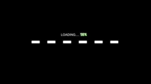 Loading bar animation with dashed lines. Loading bar ninety six percent. Loading bar digital interface graphic on black.