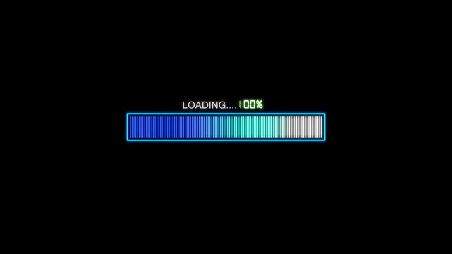 Loading bar animation with teal percentage. Loading bar ninety six percent. Loading bar digital interface graphic on black.