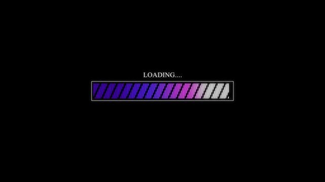 Loading bar animation with striped colors. Loading bar ninety six percent. Loading bar digital interface graphic on black.