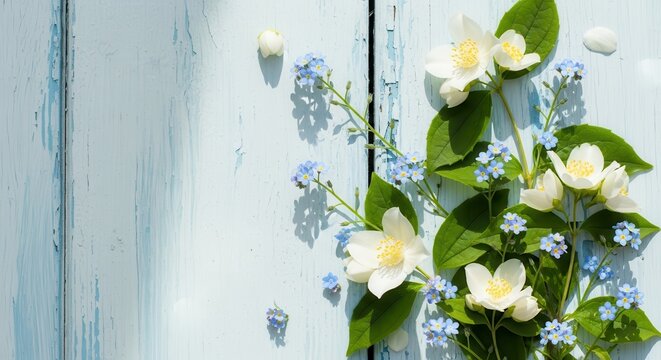 Delicate white jasmine blossoms and tiny blue flowers on a light blue weathered wooden surface