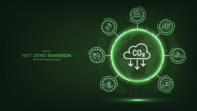 Concept of net zero emissions. Futuristic digital globe on green background. Net zero emission Idea innovative carbon neutrality in 2050.  Climate changing problems solving goals. Vector illustration.