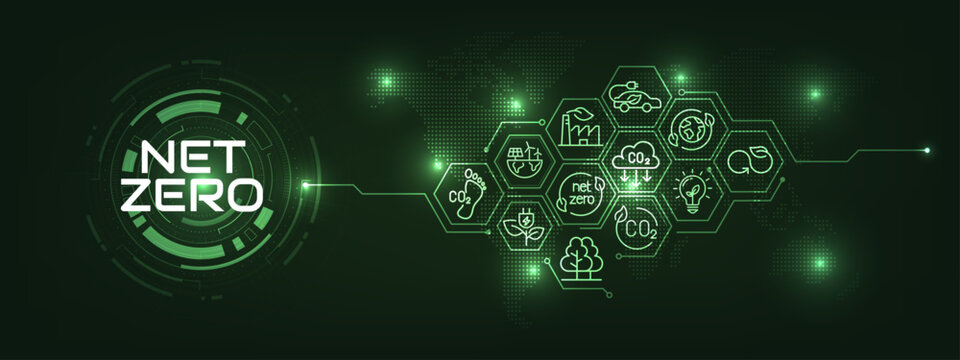 Concept of Net zero greenhouse gas emissions target. Futuristic digital world map with icons. Carbon neutral concept. Climate changing problems solving goals. Vector illustration.