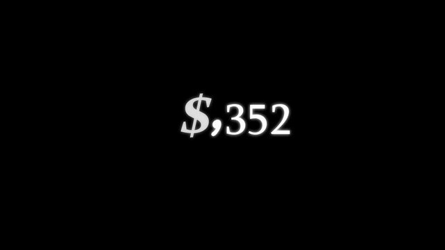 Dollar amount animation on black background. Dollar amount financial money count. Dollar amount digital currency graphic.
