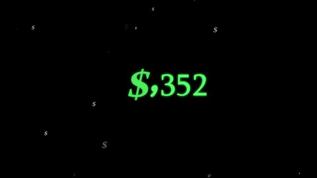 Dollar amount animation with floating symbols. Dollar amount green money growth. Dollar amount financial graphic on black.