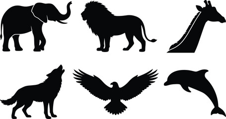Collection of black animal silhouettes including elephant, lion, giraffe, howling wolf, soaring eagle, and jumping dolphin vector icons for nature and wildlife designs. © Nayan