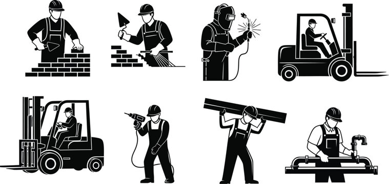 Construction workers industrial labor icons set black and white vector silhouettes featuring masonry welding forklift operation plumbing drilling and manual building site