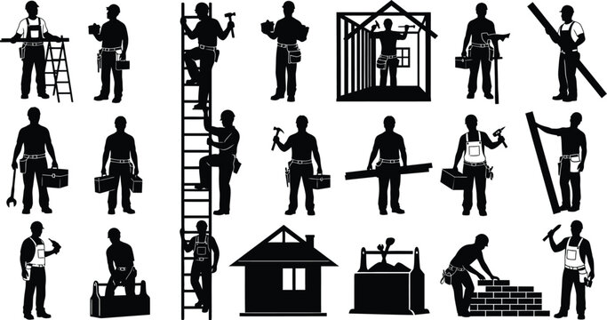 Construction workers silhouettes set featuring handymen builders with tools ladders and house frames in black vector style isolated on white background.