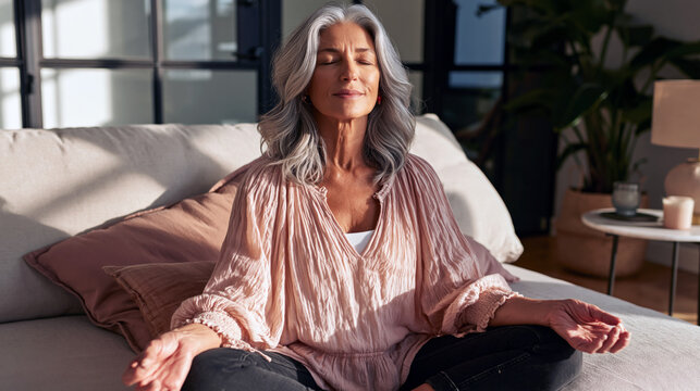 A mature woman meditating in a sunlit living room, calm and centered expression, mindfulness and hormonal wellness concept