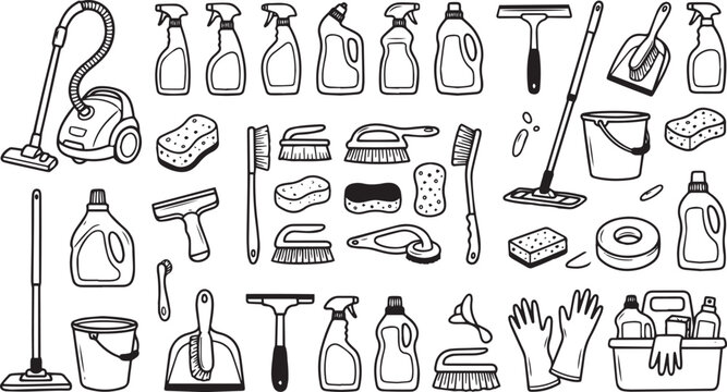 Collection of cleaning supplies and tools, including a vacuum cleaner, mops, brushes, and spray bottles, for household chores and sanitation
