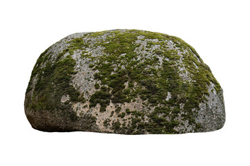 Large natural granite boulder covered in green moss isolated on white. © fotomaster