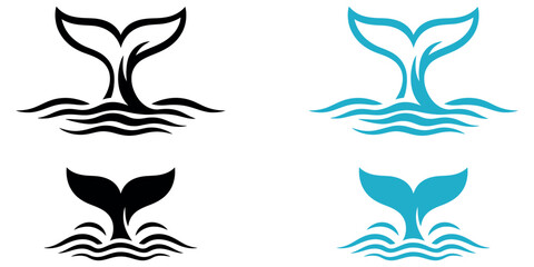 Whale tail fin diving into ocean waves, black and blue graphic icons. © akram