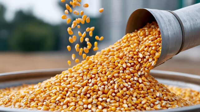 Corn kernels pouring from grain elevator tube