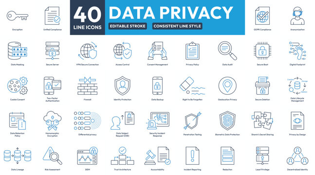 Data Privacy icon set for cybersecurity ui design, Security Compliance line icons for dashboard