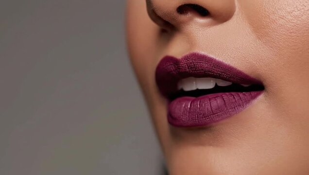 Close up of a womans lips with dark plum lipstick.