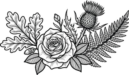 Black and white line art illustration of a floral bouquet featuring a rose, thistle, oak leaves, and fern fronds isolated on white background. © Nayan