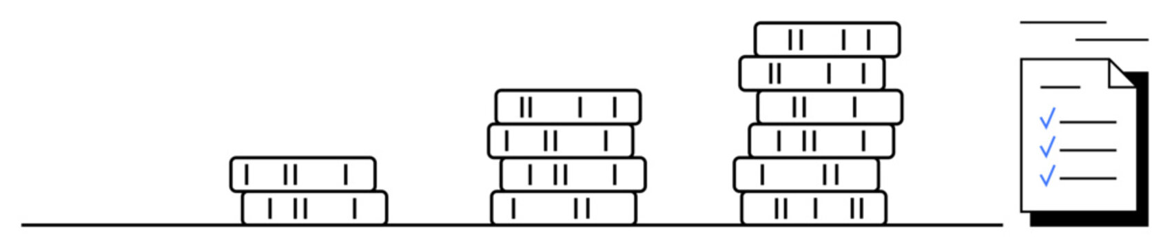 Financial growth, savings, investments, budgeting, goal setting, wealth management. Stacks of coins with a checklist document. Financial growth and savings concepts are clearly