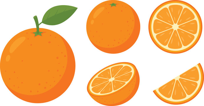 Fresh orange fruit set featuring whole oranges with green leaves, half cut sections, and juicy slices isolated on white background for healthy food design.