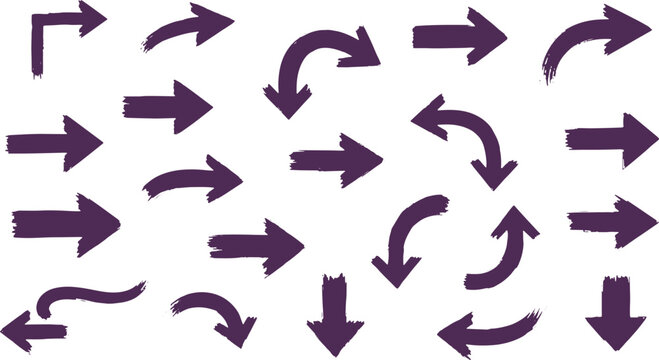 Set of dark purple arrows on transparent background, painted in a brush stroke style.