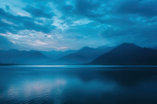 穏やかな山の湖水面に映る青い夕暮れ