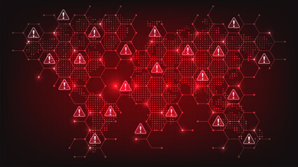 Concept of computer security or hacking. Futuristic digital world map and hexagon pattern with red warning signs. Cyber attacks and security alerts. Global warning. Vector illustration. © S and V Design