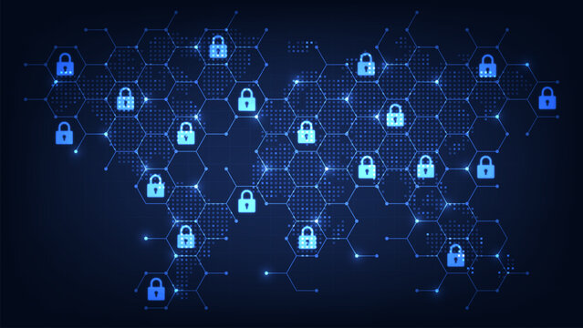Concept of internet privacy and cyber protection. Digital world map and hexagon pattern with padlock network. Cyber attacks and protect against viruses. Network security and data safety. Vector.