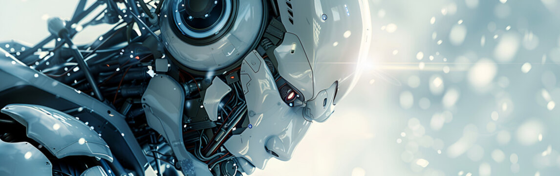 Futuristic robot head with glowing circuits and wires exposed