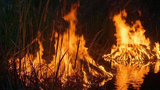 Burning reeds and grass reflected in water at night, a dramatic blaze.