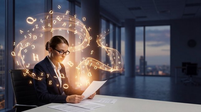Glowing Golden Alphabet Letters Reorganizing Around Professional Woman