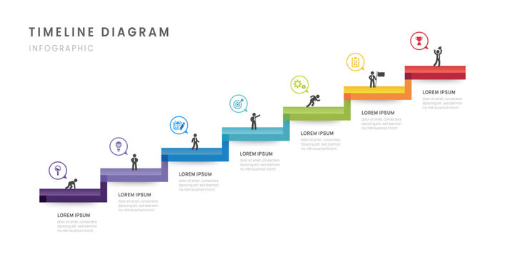 Infographics 7 Step Stairs banner timeline roadmap business to success presentation template. Vector illustration.