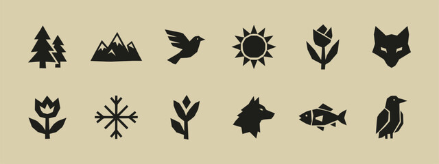 Fototapeta premium Set of minimalist geometric nature icons featuring animals plants mountains and weather symbols