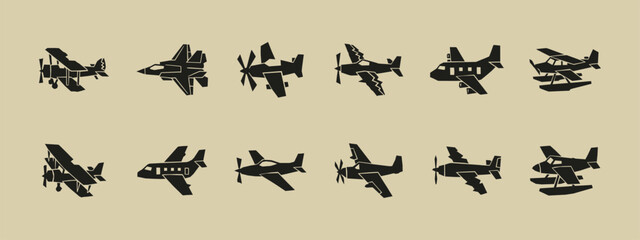 Collection of various airplane and aircraft silhouette icons isolated on a neutral background © thetwelvesense