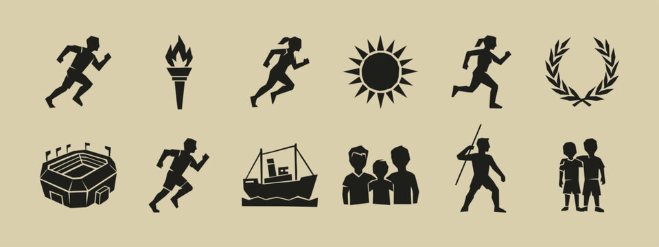 Sports and athletic competition icon set with runners torch stadium and laurel wreath silhouettes
