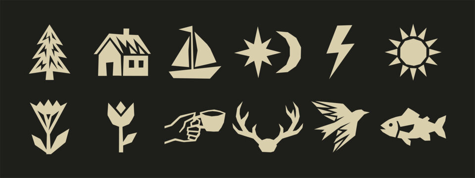Set of paper cut style geometric nature icons including tree house sun and animal symbols