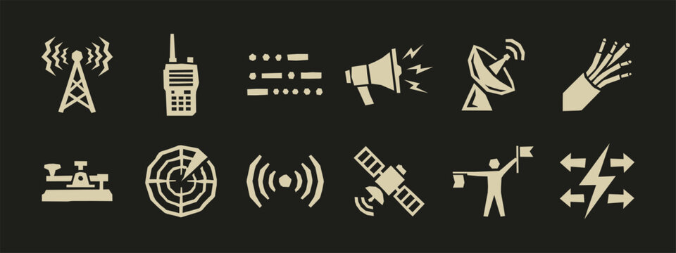 Set of minimalist communication technology icons including radio tower satellite radar and walkie-talkie