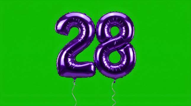 Shiny Metallic Purple Number 28 Balloon Floating Green Screen 28th Birthday Party Celebration