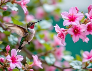 Fototapeta premium Colorful Hummingbird Hovering Near Blush Pink