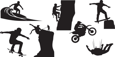 Extreme Sports Silhouette Set: Surfing, Climbing, Motocross © Vector 4 You