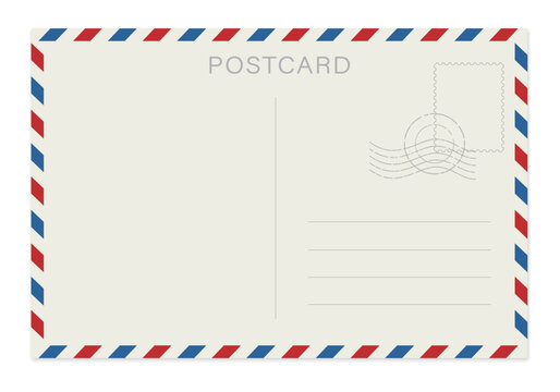 Blank postcard with  stamp. Mockup realistic postcard. Vintage travel card template.