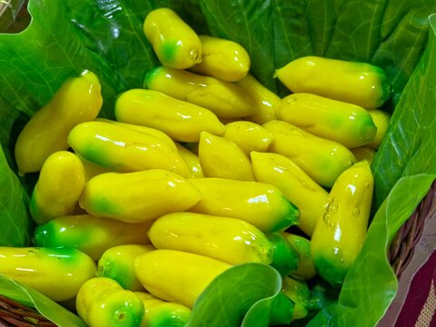 Luk Chup, Traditional Thai Dessert of Miniature Fruit Shapes Made from Mung Bean Paste and Glazed with Gelatin