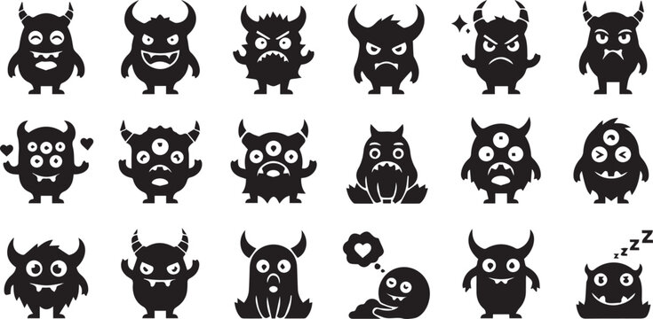 Cute Horned Monster Silhouettes and Alien Creature Icons Set