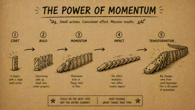 Educational illustration showing the power of momentum through a domino effect process on vintage brown paper background, horizontal composition