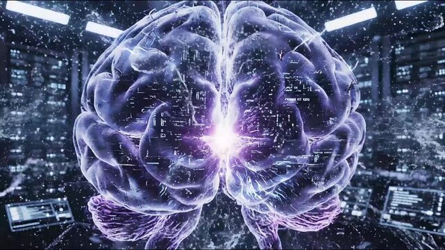 Futuristic brain network pulses with electric sparks in server room