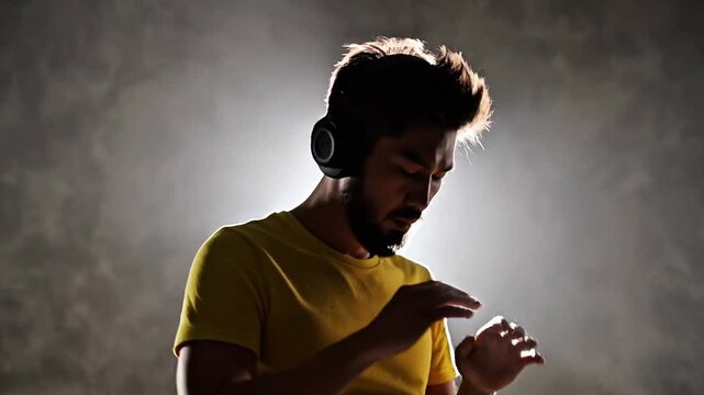 Backlit silhouette of a bearded young man dancing with headphones, wearing a yellow t-shirt. Strong rim lighting separates subject from grey background, dramatic shadows, slow rhythmic movements