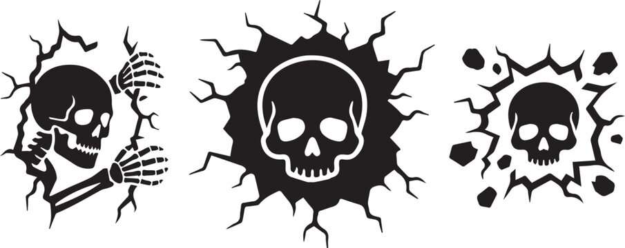 Skeleton and Skull Breaking Through Wall Vector Set