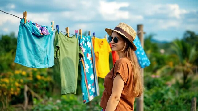 Woman near clothes drying on a line with a blurred green background.