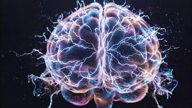 Electric brain activity with glowing neural connections and lightning bolts